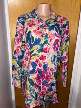 True Destinations Floral Button-Up Top - Pink, Blue, Green